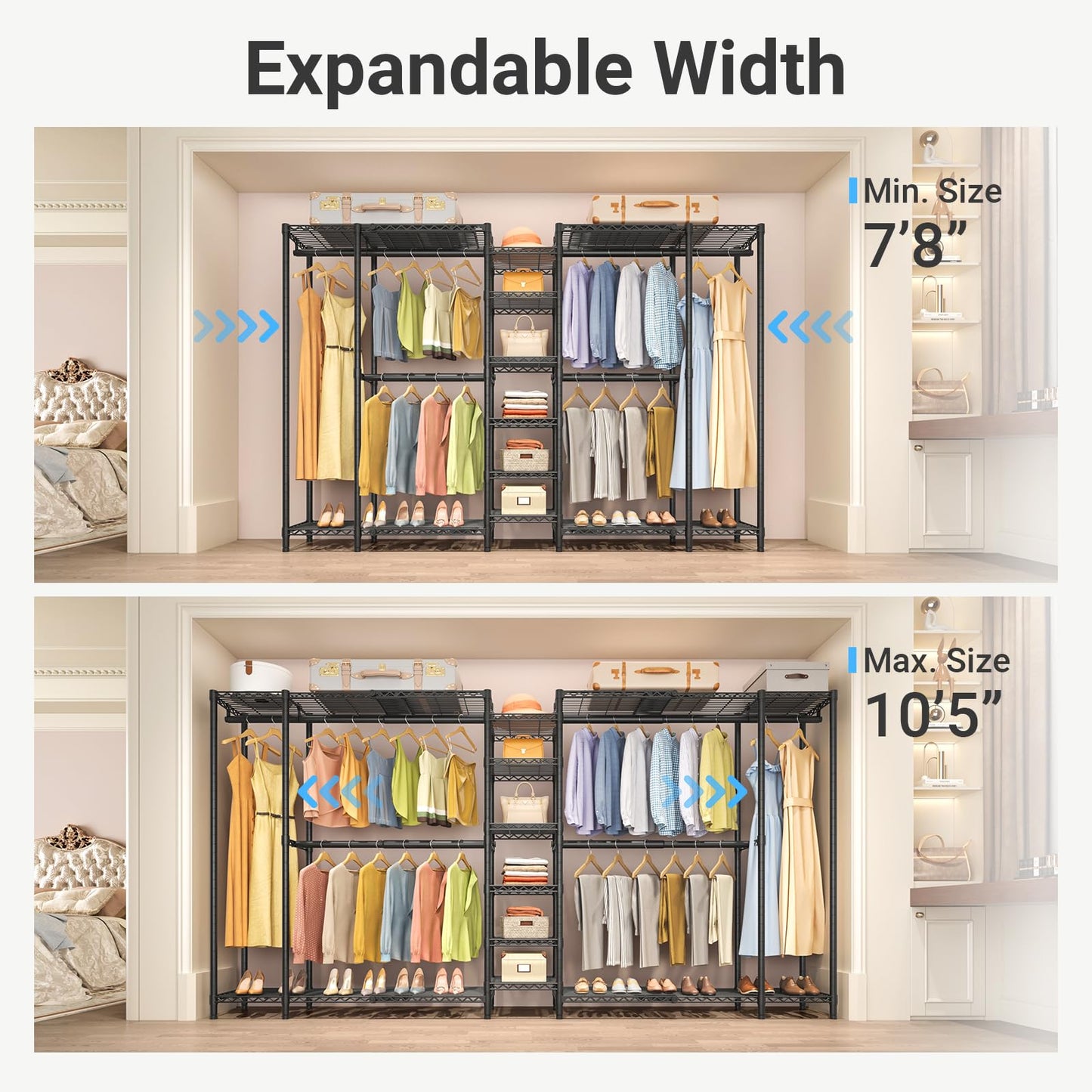 VIPEK X5 Extra Large Expandable Clothes Rack Adjustable from 7'8" to 10'5", Reach-in Closet Metal Clothing Racks Walk-in Freestanding Wardrobe Portable Closets, Black