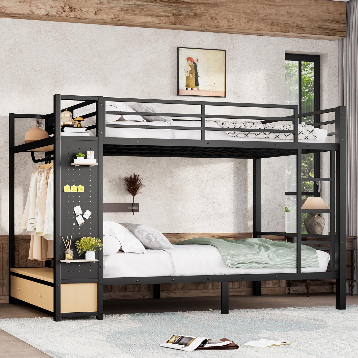Bellemave Queen Over Queen Metal Bunk Bed with Storage Drawers and Shelves, Heavy Duty Bunk Beds with Pegboard and Coat Rack for Kids, Adults,Black