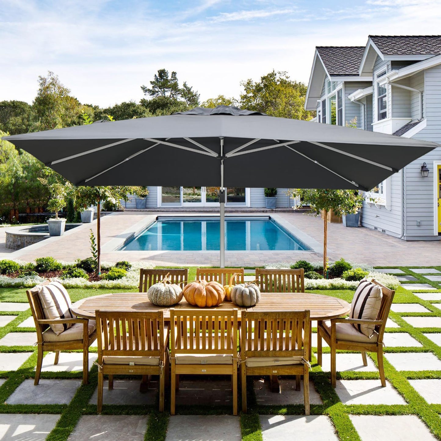 LKINBO 10x13 FT Rectangle Cantilever Umbrella with Cross Base, Heavy Duty Large Patio Umbrella 360 Degree Rotation Outdoor Offset Umbrella with Easy Tilt & Crank for Pool Deck Backyard, Gray