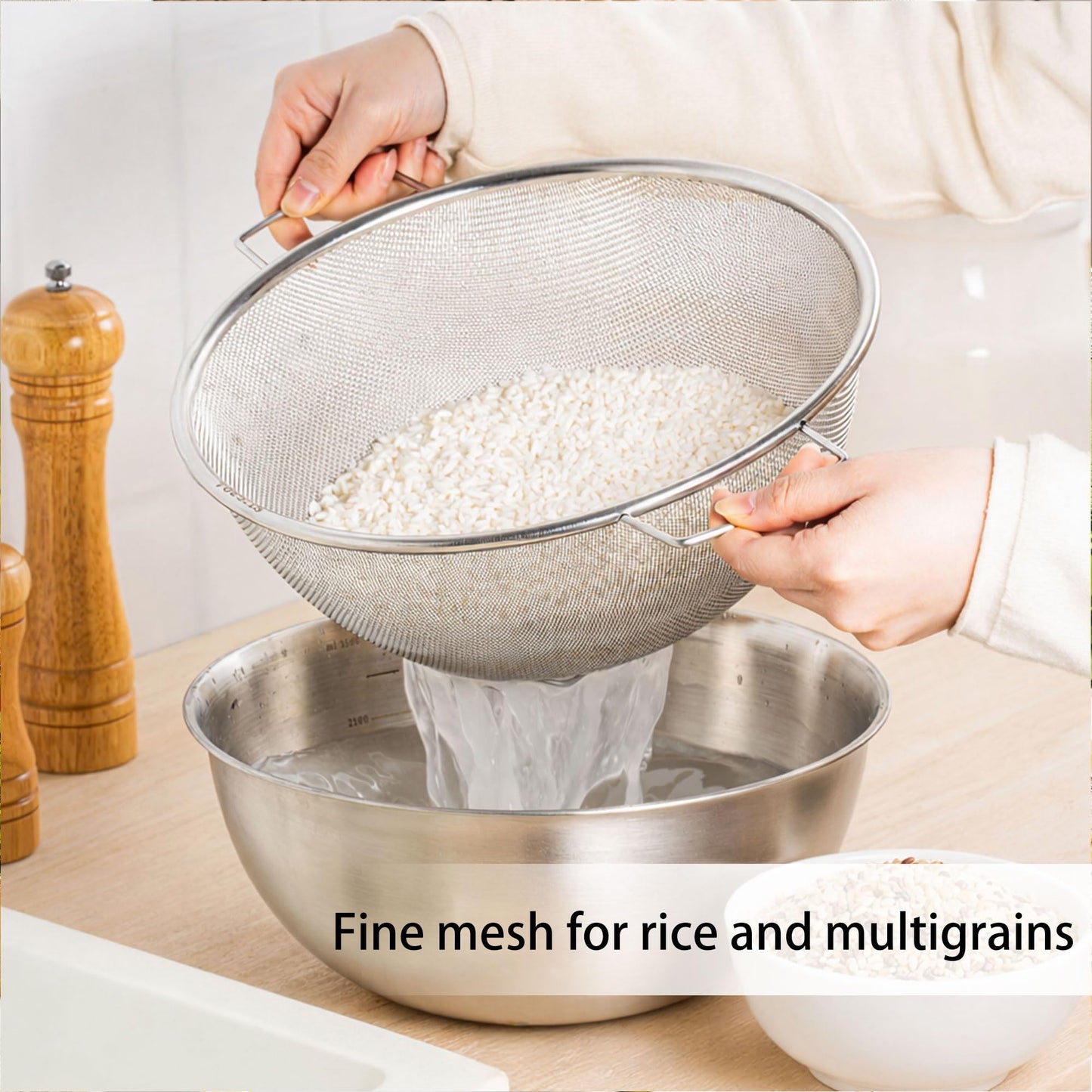 304 Stainless Steel Kitchen Colander Set, 3.5QT Colander with Handle and Bowl, 40 Mesh Fine Strainer, Fast Draining for Rice, Pasta, Fruits & Vegetables, Dishwasher Safe