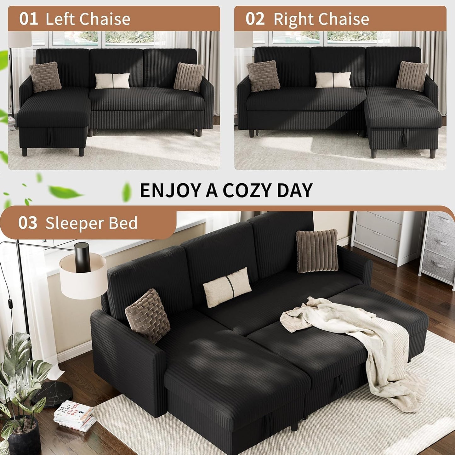 Shintenchi Futon Sofa Bed Convertible Couches L Shaped, 4‑in‑1 Sectional Sleeper Sofa Pull Out Couches for Living Room, Multifunctional Couch with Storage Chaise Corduroy Fabric, Black