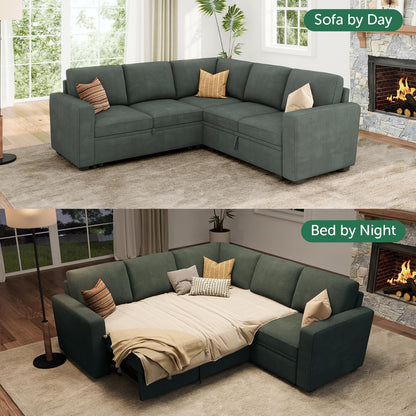 HONBAY Modular Sectional Sleeper Sofa with Pull Out Bed, Corduroy L Shaped Couch with Storage, Sectional Couches for Living Room, Green