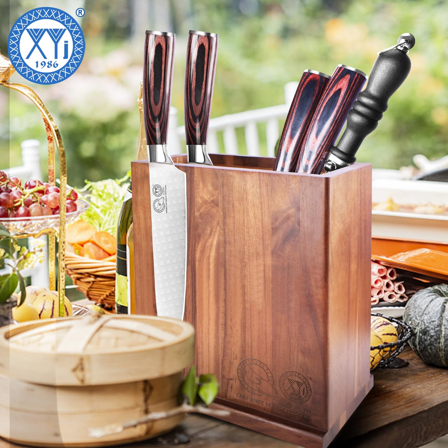 XYJ Authentic Since 1986, Magnetic Knife Block, Double Side Kitchen Knife Stand, Acacia Wood, Magnetic Knife Holder with Strong Enhanced Magnets,Knives Storage Rack Stand for Home Kitchen
