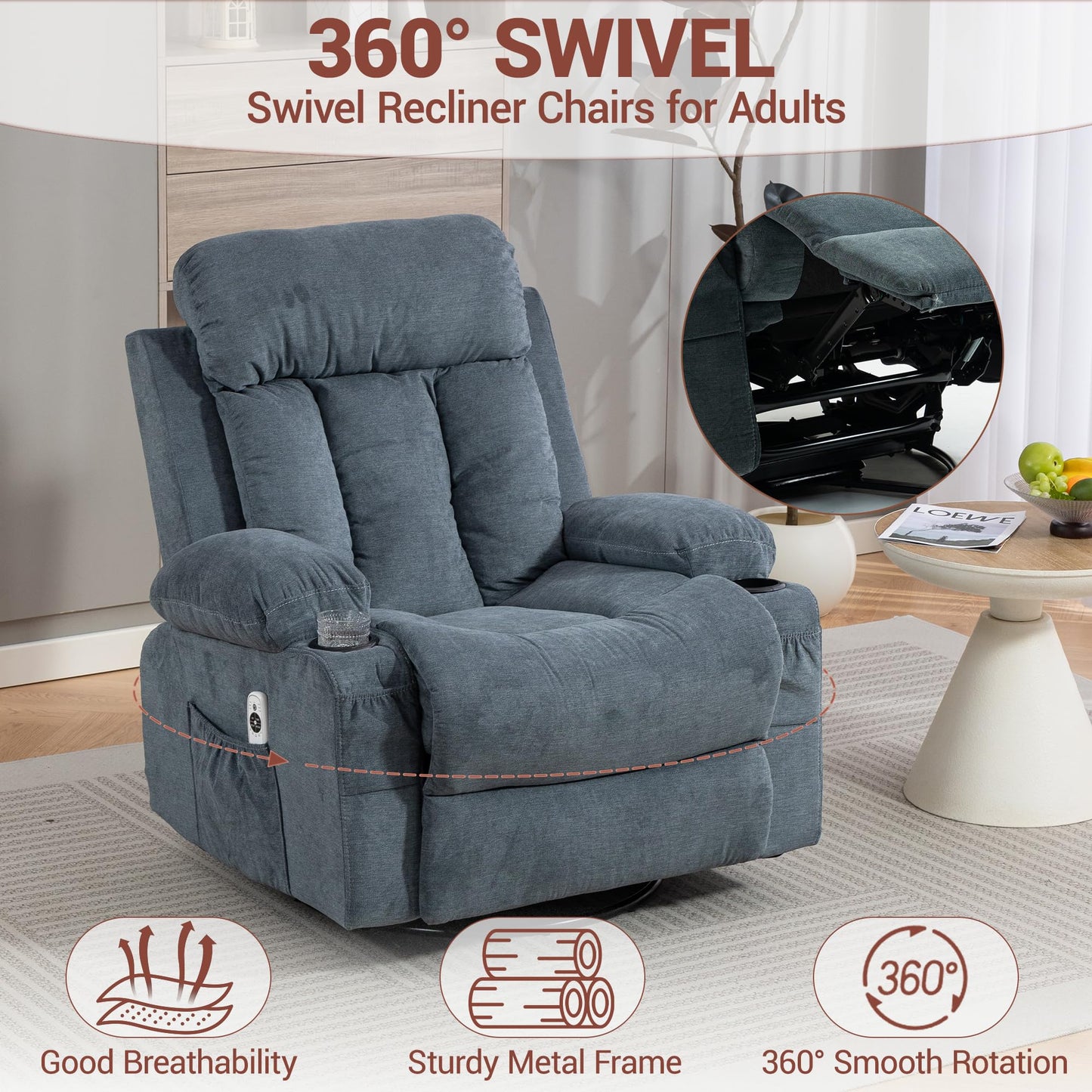 WiNVO 360° Swivel Rocking Chair, Rocker Recliner Chair with Vibration Massage and Heat, Ergonomic Lounge Chairs with Rocking Function and Side Pocket, Cup Holders, Blue