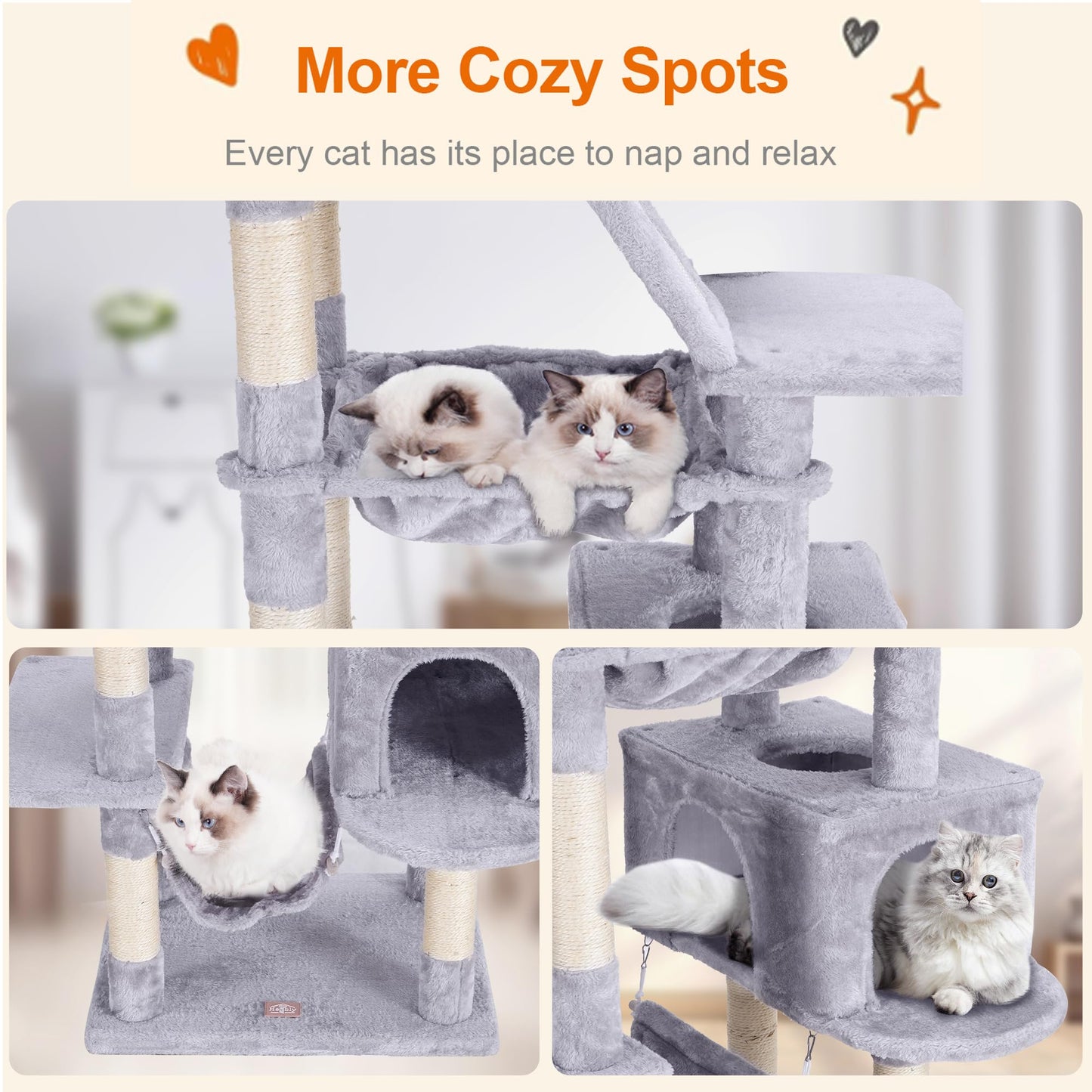 Heybly Cat Tree, 73 inches Tall Cat Tower for Large Cats 20 lbs Heavy Duty for Indoor Cats,Big Cat Furniture Condo for with Padded Plush Perch, Cozy Basket and Scratching Posts Light Gray HCT030W