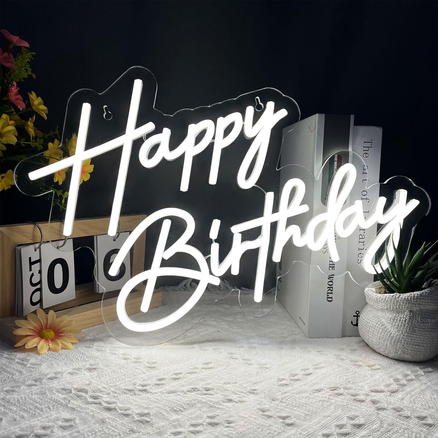 Happy Birthday Neon Sign for Wall Decor, Warm White LED Neon Light Signs, Art Decoration Happy Birthday Neon Light Sign for All Birthday Party Decoration with 2 Pcs Pasters (17×12 Inch)