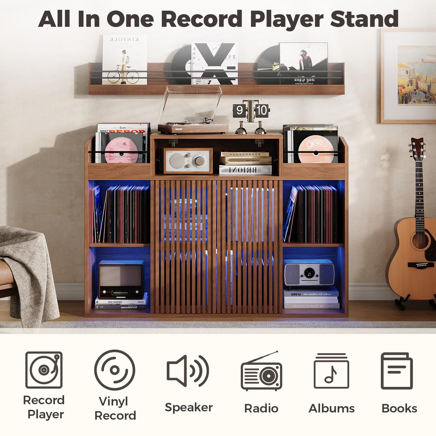 IRONCK Luxury Record Player Stand with Storage, Holds 1500+ Vinyl Records, Large Record Storage Cabinet with Sliding Doors & Charging Station & LED Light, Brown