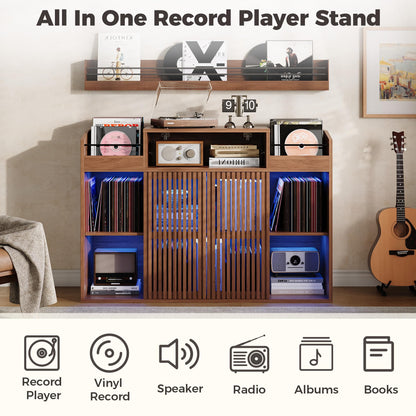 IRONCK Luxury Record Player Stand with Storage, Holds 1500+ Vinyl Records, Large Record Storage Cabinet with Sliding Doors & Charging Station & LED Light, Brown