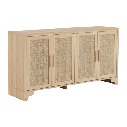 IDEALHOUSE Natural Rattan Sideboard Buffet Cabinet with Storage, Farmhouse Large Rattan Cabinet with 4 Doors, Wood Accent Coffee Bar Buffet Console Tables for Kitchen Living Room Entryway