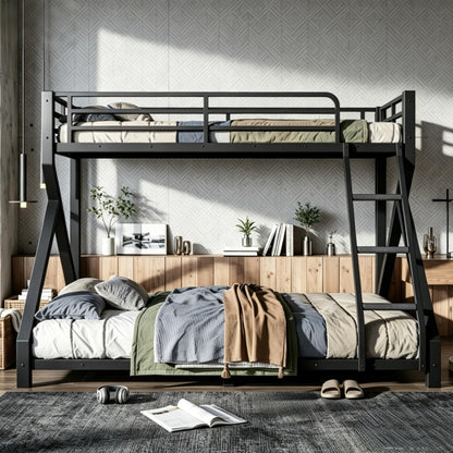 Bellemave Twin XL Over Queen Floor Bunk Bed with Ladders & Full Upgraded Support Slats, Metal Bunk Bed Frame for Kids Teens, Black