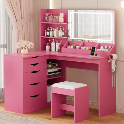 YESHOMY Vanity Desk with Lights and Mirror, L Shaped Makeup Table, Dresser with Hairdryer Holder and Power Outlet, Adjustable 3 Lighting Modes, 5 Drawers and Adjustabled Open Storage Shelves, Pink