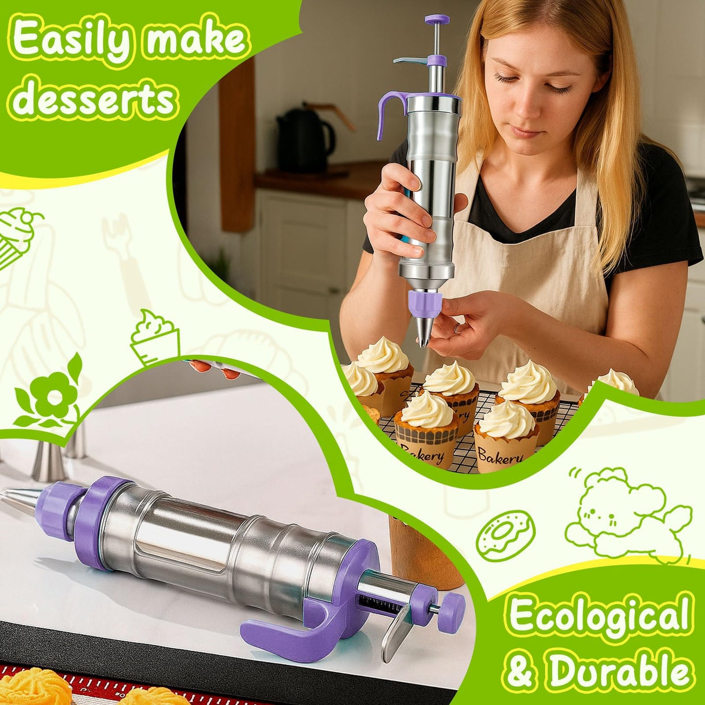 Novano Dessert Decorating Syringe Set, Frosting Piping Kit Stainless Steels Cake Decorating Kit with 6 Piping Tips & 9 silicone cupcakes, Cupcake Decorating Kit Piping Bags and Tips Set