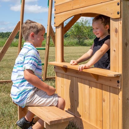 Backyard Discovery Montpelier Cedar Wood Swing Set, Wave Slide, Clubhouse, Monkey Bars, Picnic Area, Snack Bar, Belt Swings, Trapeze, Balcony, Playhouse, Working Door, Ladder, Outdoor Playset