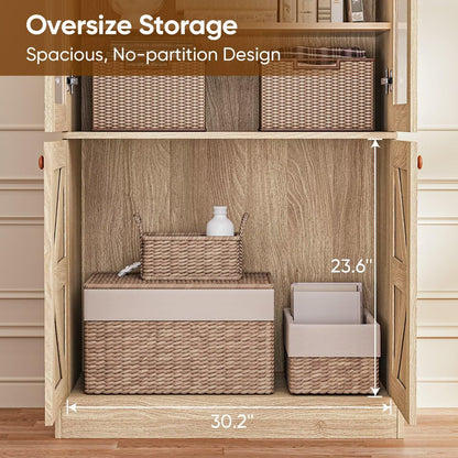 ivaniti 71" Farmhouse Bookcase with Glass Doors & Drawers, Tall Wooden Storage Cabinet with Adjustable Shelves for Living Room, Kitchen, Home Office, Dining Room – Rustic Brown, Set of 4