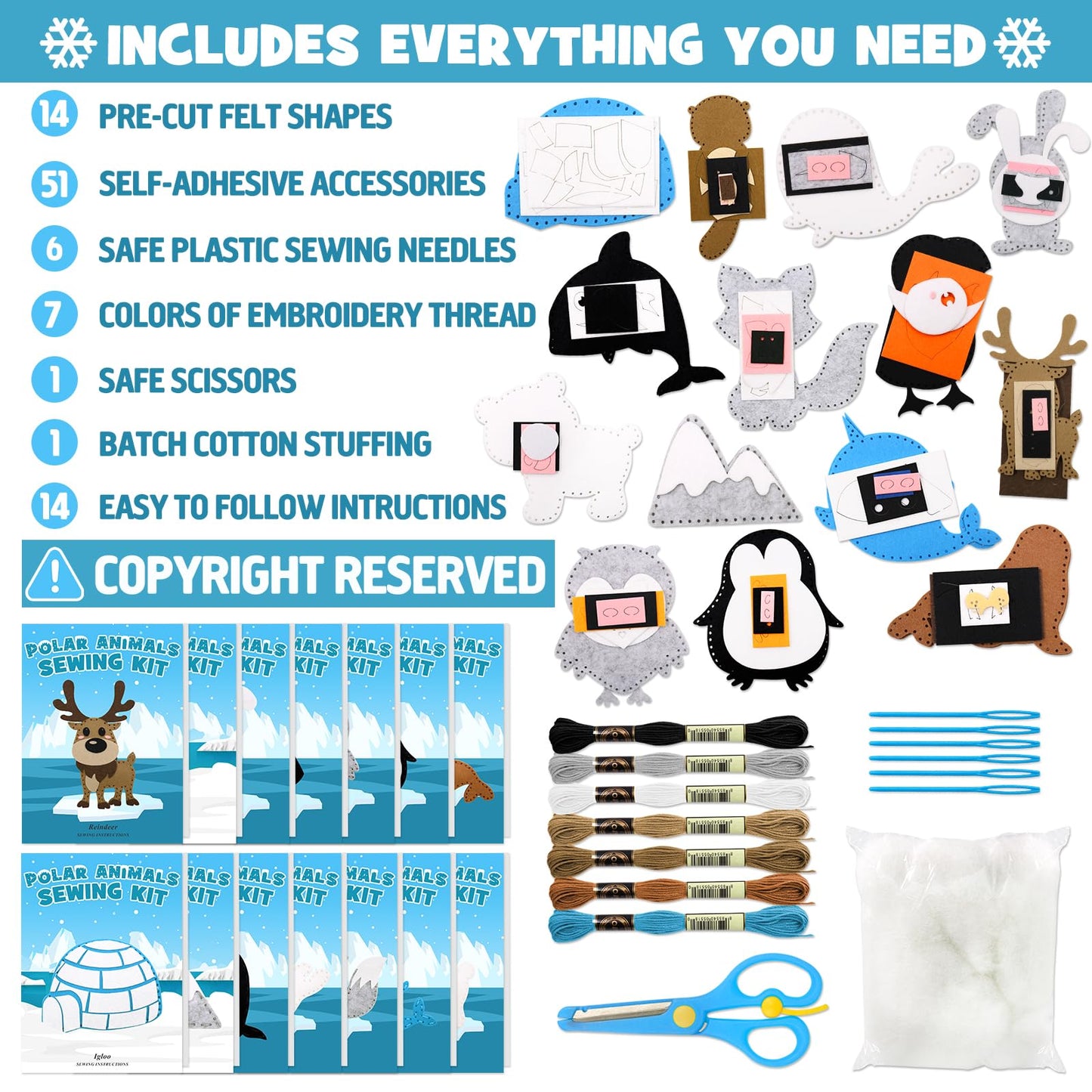 CiyvoLyeen Polar Animals Sewing Kit for Kids Make Your Own Winter Polar Animals Felt Plush Craft Kit Includes 14 Creative Projects to Sewing Beginners Fun DIY Educational Gift for Boys and Girls