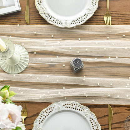 Artoid Mode 3PCS Pearl Beige Gauze Table Runner 120 Inch 10FT, Seasonal Sheer Dining Holiday Wedding Birthday Baby Shower Table Decor for Home Party