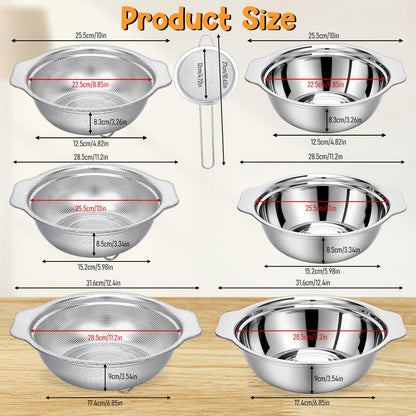 7Pcs Stainless Steel Colander Set, Rice Strainer with Mixing Bowl, 3/4/5QT Large Capacity Microporous Colander with Handle, Mesh Strainer for Washing and Draining Vegetables, Fruit, Dishwasher Safe