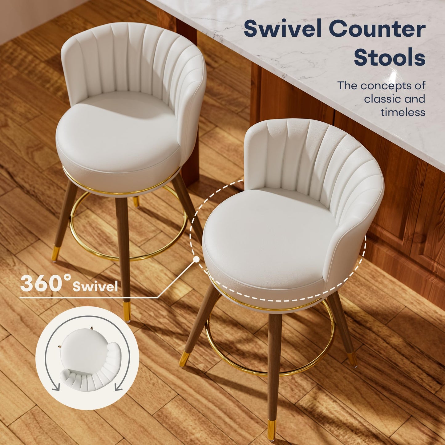 SeekFancy 24" Swivel Bar Stools Set of 2, Counter Height BarStools with Back, Leather Swivel Kitchen Stools with Wood Legs and Footrest, Upholstered Pub White Bar Chairs Kitchen Island