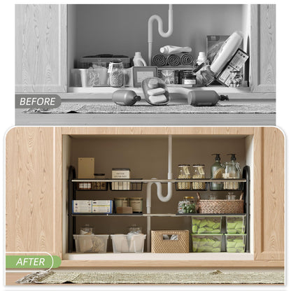 NETEL Under Sink Organizers and Storage, 2 Tier Expandable Under Cabinet Organizer Shelf with 4 Baskets and 4 Panels, Expandable Shelf for Cupboard, Kitchen, Bathroom, Shoe Storage Rack