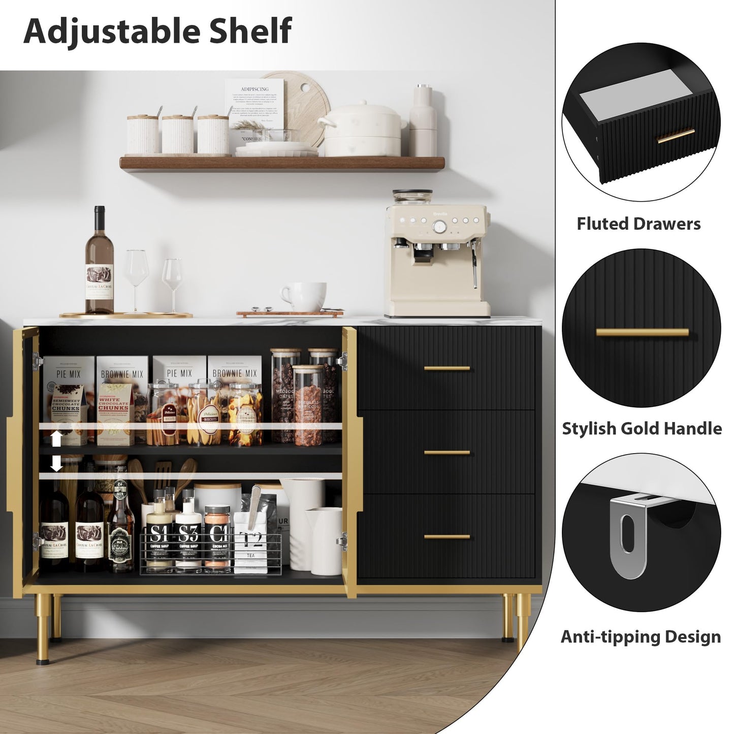 IDEALHOUSE Fluted Sideboard Cabinet, 46.4" Modern Sideboard Buffet Cabinet with 3 Drawers, 2 Glass Doors, Faux Marble Tabletop, Adjustable Shelves for Kitchen, Dining Room, Black