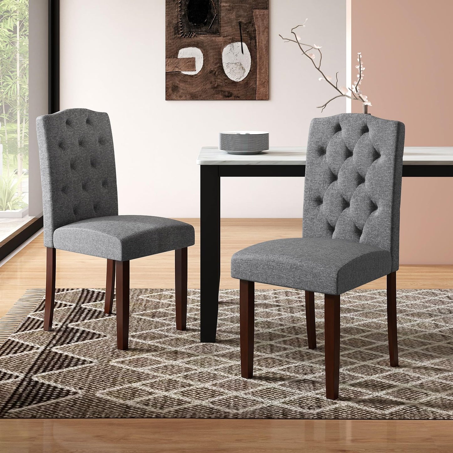 NAFORT Fabric Dining Chairs, Classic High Back Kitchen Living Room Chairs with Solid Rubber Wood Legs, Upholstered Padded Parsons Chair Set of 6, for Dining Room, Kitchen, Living Room, Grey