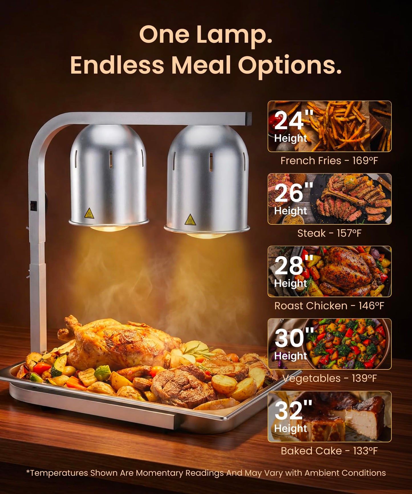 AZZO KITCHEN Heat Lamp for Food 500W Teflon-Coated Bulbs Food Heat Lamp for Fast and Even Heating Commercial Food Warmer with 5 Adjustable Height Lamp Stand for Home Restaurant Buffet Bakery Silver