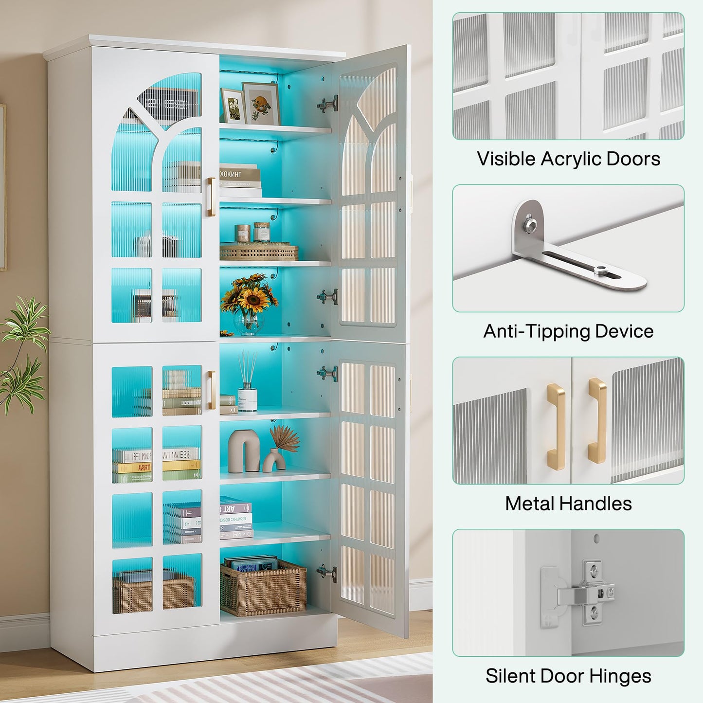 Tribesigns 8-Tier Bookshelf with Doors and LED Lights, 68.9" Tall Bookcase with Adjustable Shelves, Modern Wooden Display Cabinet for Living Room, Home Office, Bedroom, White (1PC)