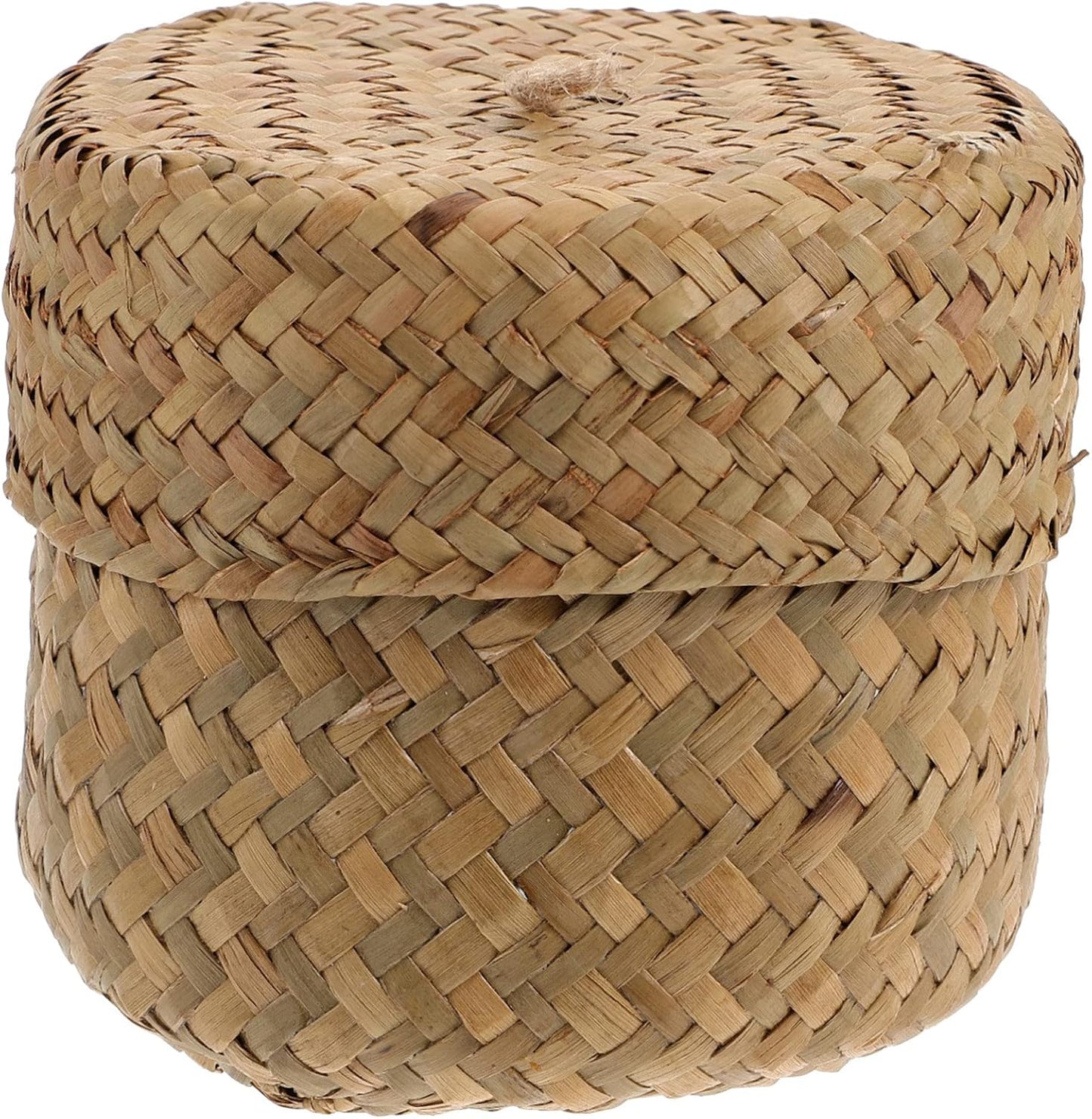 Housoutil Small Handwoven Seagrass Woven Basket with Lid, Natural Storage Box for Flower Pot, Garbage Can, Desktop