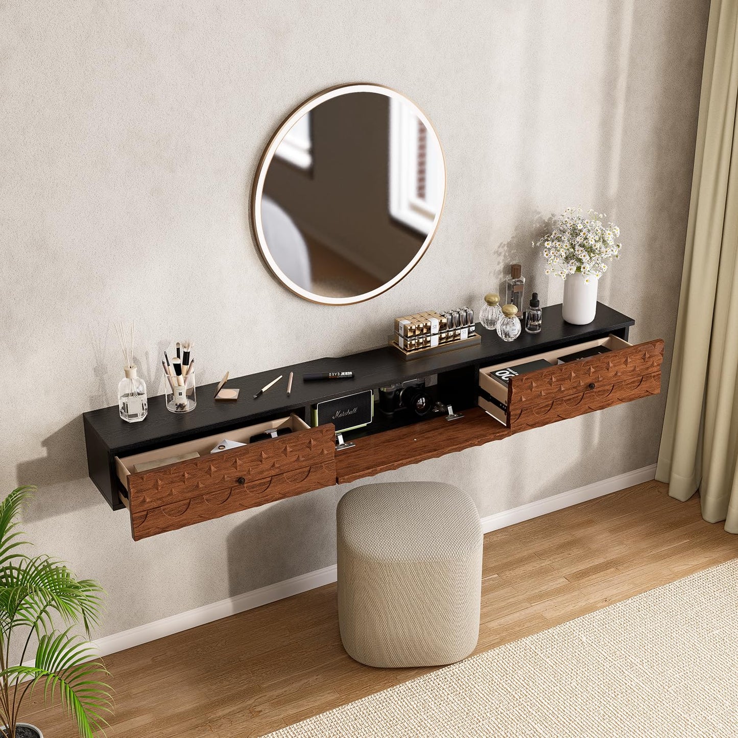 FurniNova Fully Assembled Floating TV Stand, 55 inch Wall Mounted Media Console with Carved Solid Wood Doors & 2 Drawers, Plywood Entertainment Center for Living Room, Black & Walnut