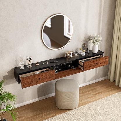 FurniNova 70'' Floating TV Stand Wall Mounted, Fully Assembled Media Console with 2 Drawers and 1 Door, Wall Mounted TV Cabinet,Carved Wood Design,Natural Wood Finish