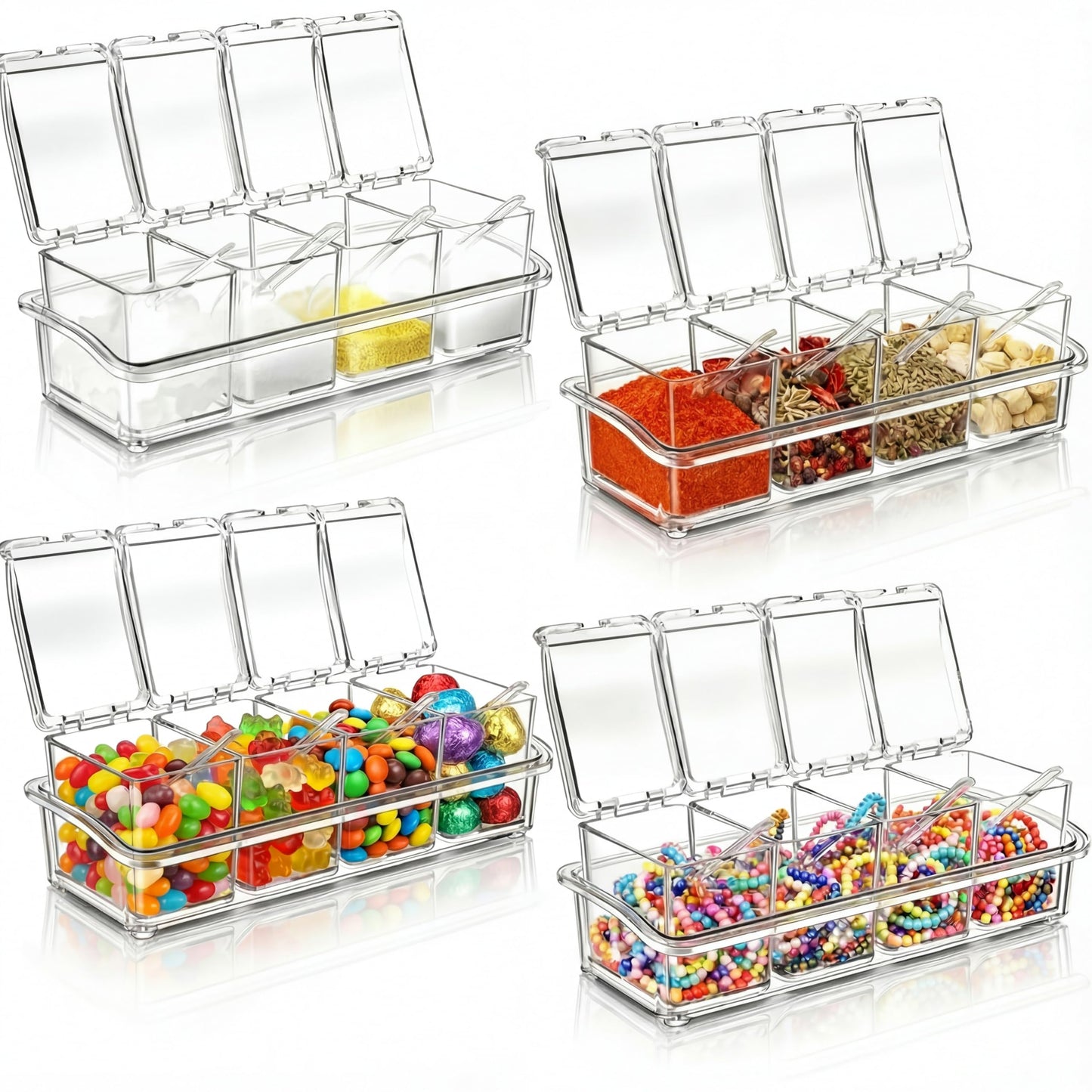 Bokon 4 Set Acrylic Clear Seasoning Box with Spoon, 16 Pcs Kitchen Seasoning Organizer Box Spice Pots Containers Condiment with Lids for Salt Candy Sugar Organizer, 10 x 4 x 3.3 Inch