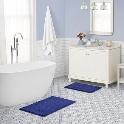 Laura Ashley Butter Chenille Bath Rug, Absorbent Shaggy Non-Slip Bathroom Mat - 2 Piece Navy