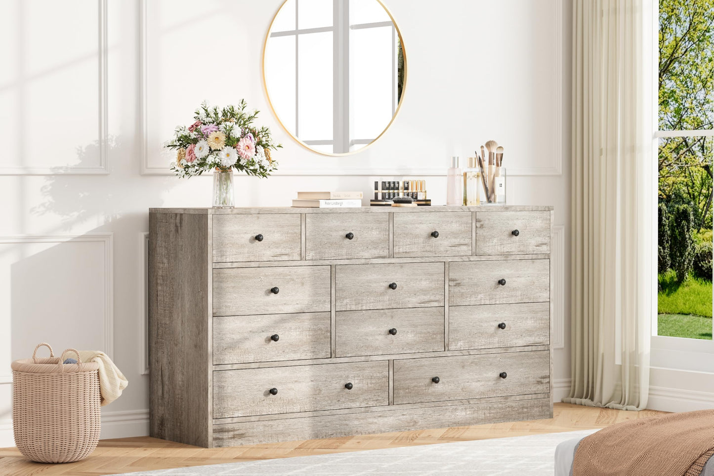 Hetoy 12 Drawer Wooden Dressers with Charging Station – Gray Wood Chest of Drawers for Bedroom, Closet, Living Room, 61" Wide TV Stand Dresser, Modern Storage Organizer for Nursery, Hallway