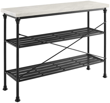 Crosley Furniture Madeleine Sofa Console Table with Storage Shelves for Hall, Entryway, or Living Room, Steel with Faux Marble Top