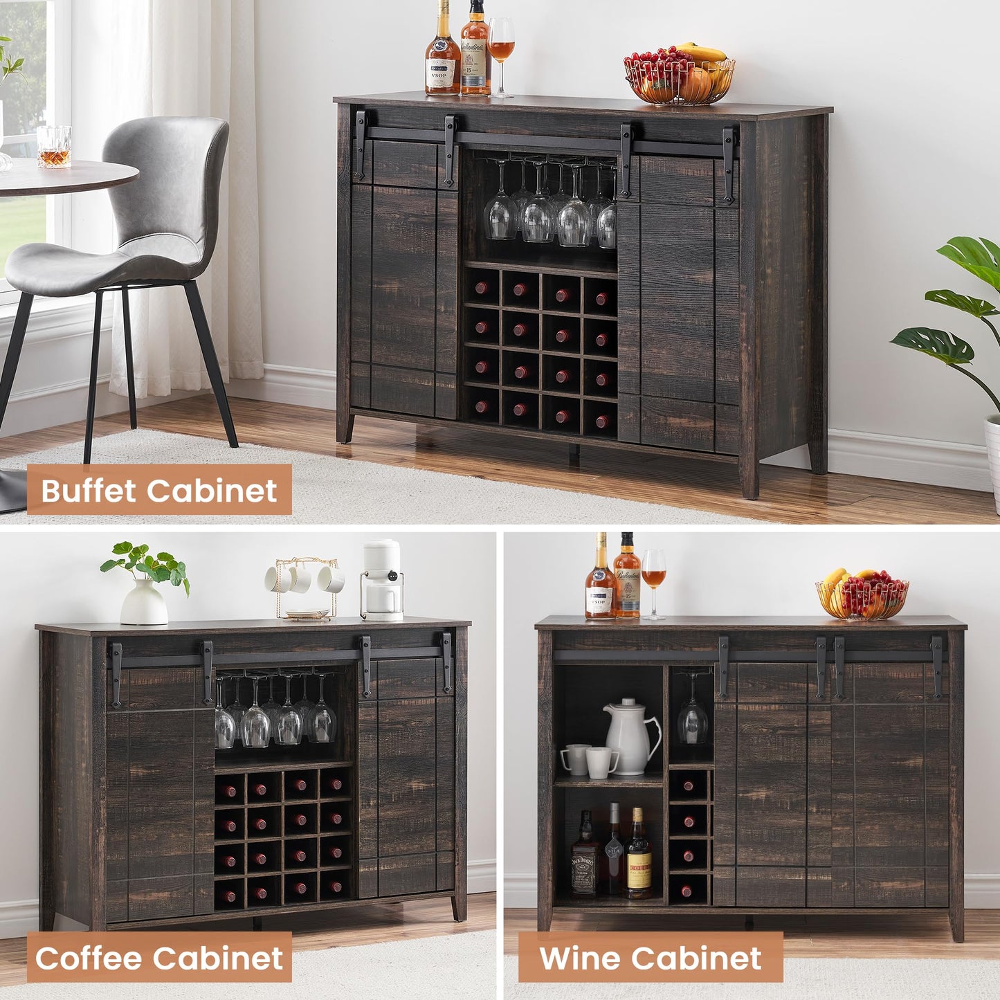 IDEALHOUSE Wine Bar Cabinet,Coffee Bar Cabinet,Farmhouse Liquor Station,Rustic Buffet Sideboard with Sliding Barn Doors,Wine & Glass Racks,Adjustable Shelves,for Living Room,Kitchen,Entryway(Fire)