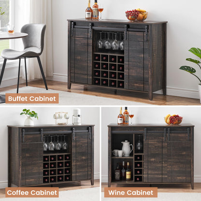 IDEALHOUSE Wine Bar Cabinet,Coffee Bar Cabinet,Farmhouse Liquor Station,Rustic Buffet Sideboard with Sliding Barn Doors,Wine & Glass Racks,Adjustable Shelves,for Living Room,Kitchen,Entryway(Fire)