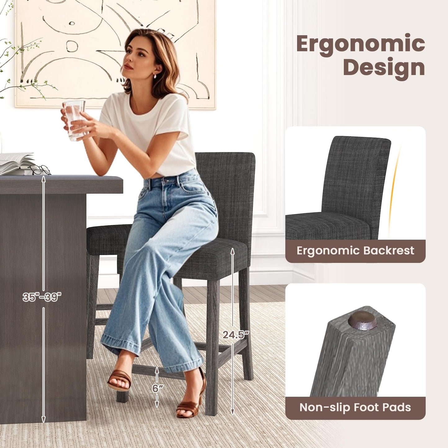 ERGOMASTER Counter Height Bar Stools Set of 6, 24.5'' Fabric Upholstered Barstools Mid Century Modern Island Bar Chairs with Back for Kitchen, Dining Room, Bar, Restaurant, Charcoal Grey