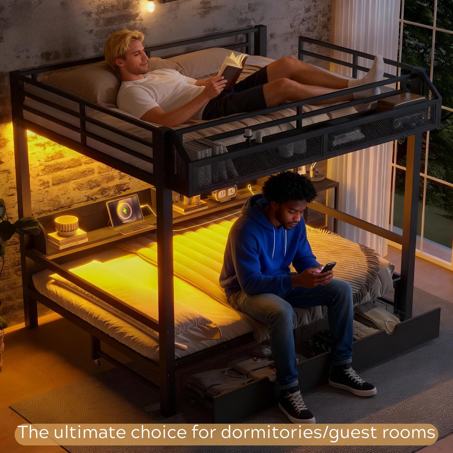 Queen over Queen Bunk Bed with Storage Drawers and Shelves, Metal Bunk Beds with Lights and USB Ports, Convertible Lower Bunkbed Queen for Guests, Bedroom, Dorms, Multi-function and Noise-free, Black