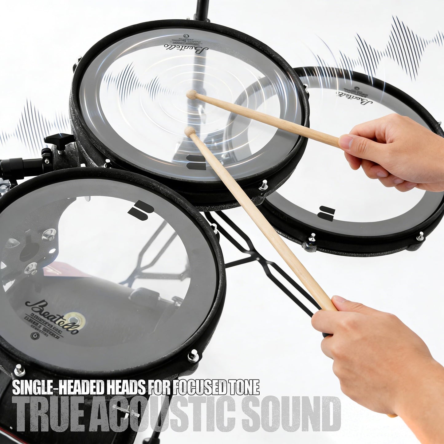 Beatello Jungle Pad Compact Portable Adult 5pc Drum Set, 1.5 inches ultra-thin steel drum Cavity,14 Inches Complete Full Size Kit with Bass Drum, Designed for the mobile musician