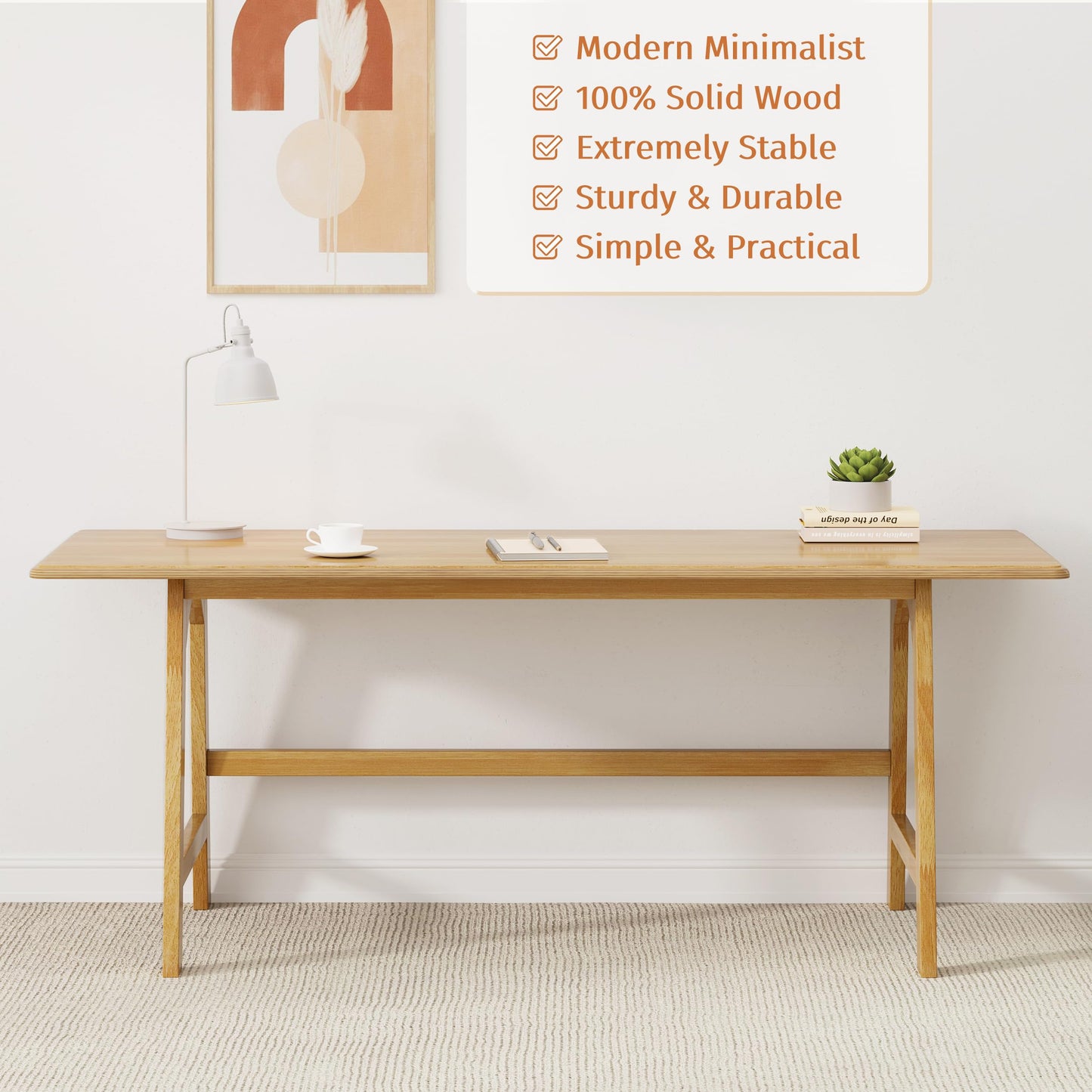 IOTXY Solid Wood Writing Table - 72" W x 24" D Minimalist Long Computer Desk for Home Office, Work, Study, Creativity, and PC Workstation, Oak