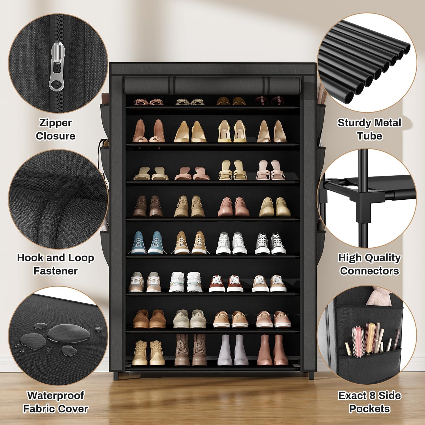 VILICK Shoe Rack with Cover, 8 Tier Tall Shoe Organizer Storage for 36-45 Pair Shoes and Boots Large Shoe Storage Shelf Free Standing Shoe Rack for Closet, Front Door Entrance, Dorm, Garage