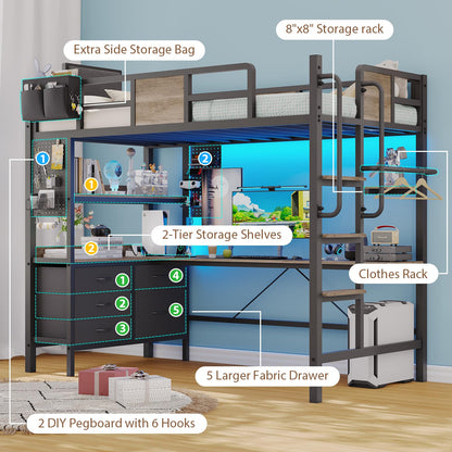 Dnxao Twin Loft Bed with Desk and 5 Storage Drawers,Loft Bed Twin Size with LED Lights and Charging Station, Metal Bunk Bed Frame with Ladder, Clothes Rail,Noise Free,Oak Gray