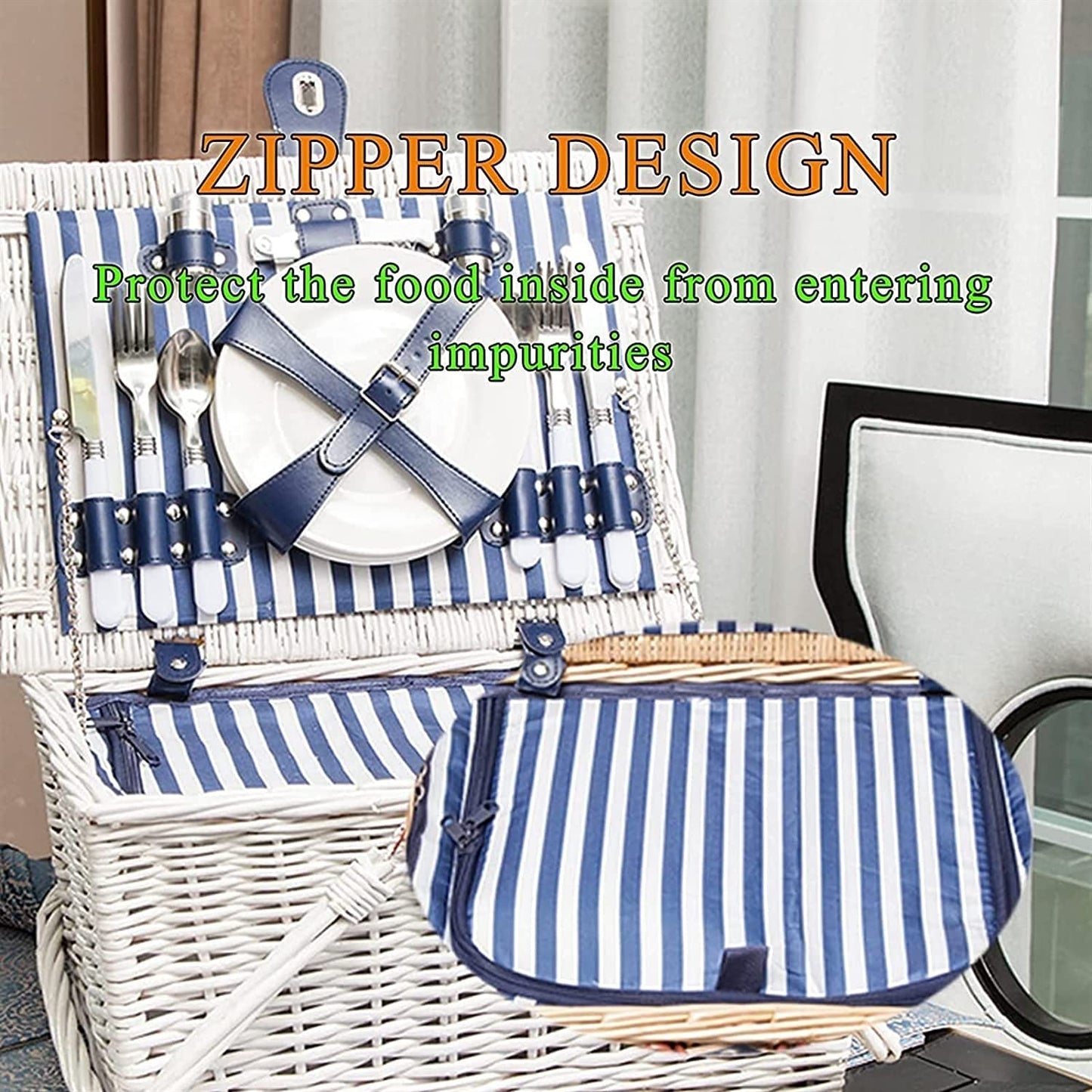 Storage Basket,Wicker Picnic for 4 Persons with Insulation Layer, Outdoor Hand Woven Fruit with Utensils Cutlery, Willow Hamper Service Gift