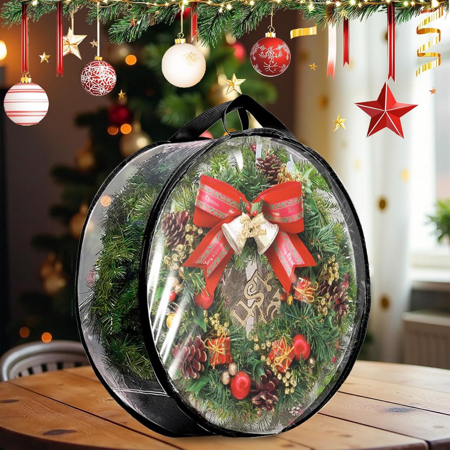 YAYODS Wreath Storage Bag - Heavy Duty 30 Inch Christmas Container with Clear Window | Black 4 Pack