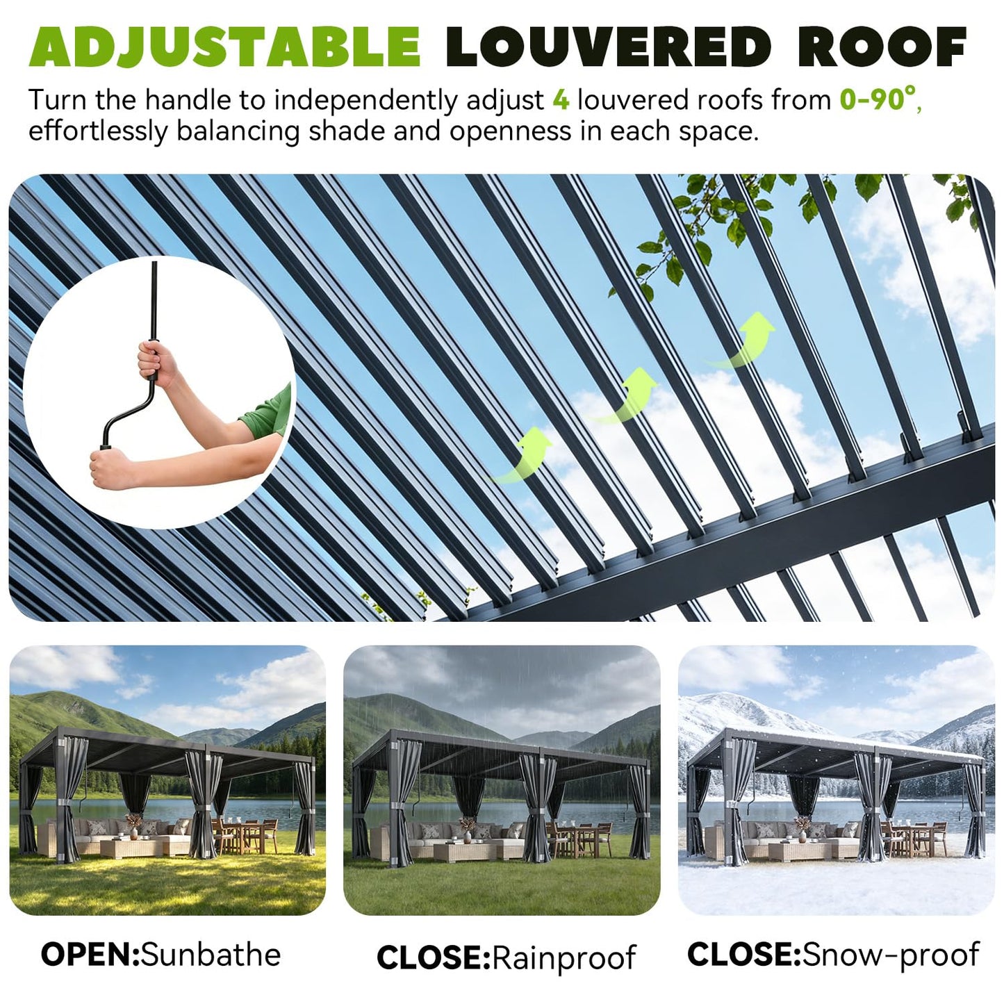 MELLCOM Louvered Pergola 12x20, Steel Aluminum Pergola with Adjustable Louvered Roofs, Outdoor Gazebo with Waterproof Curtains and Nets, Black