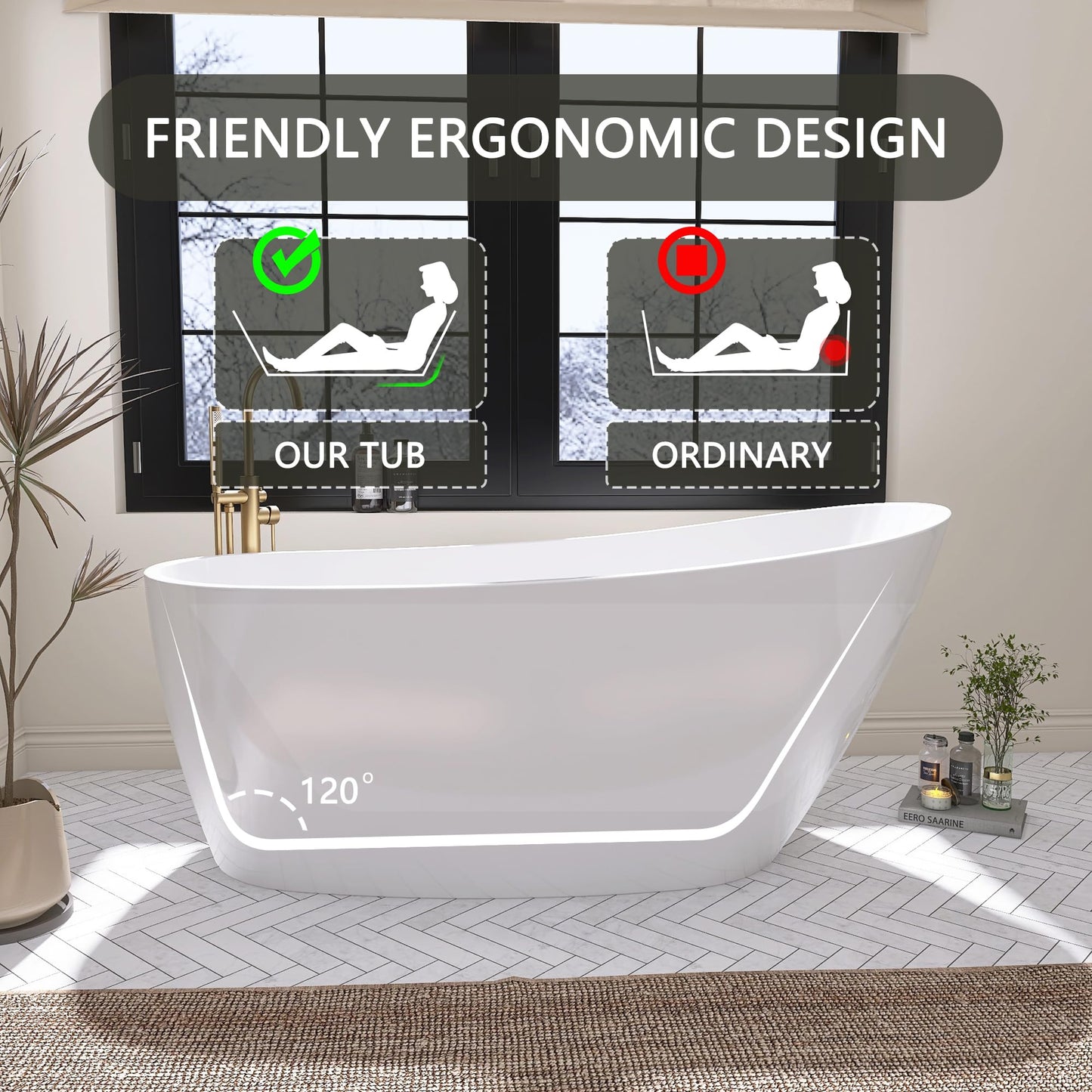59" Free Standing Tub, Pure Acrylic Freestanding Bathtub, Stylish Stand Alone Contemporary Deep Soaking Bath Tub, cUPC Certified SY9950 (Glossy White)