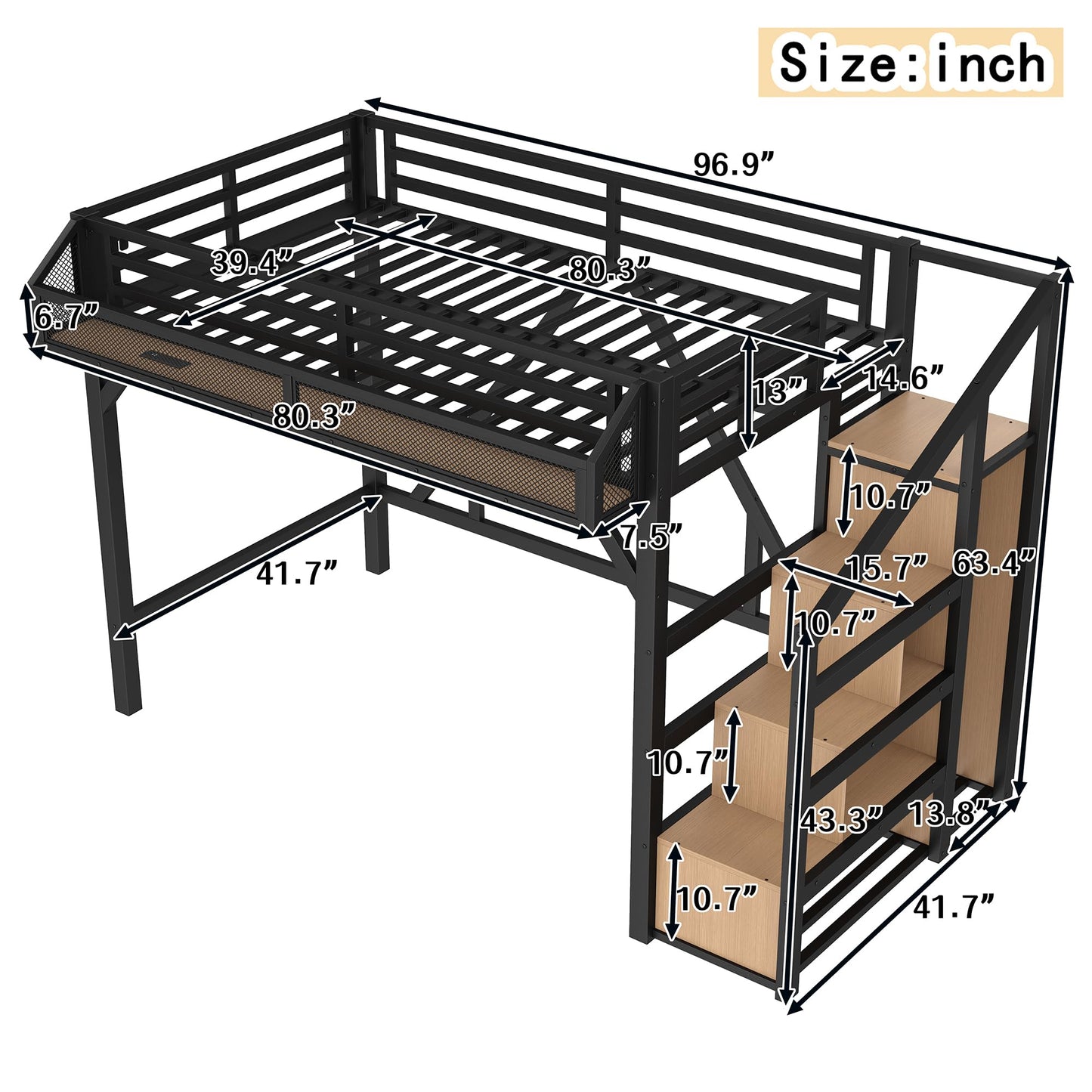 Bellemave Twin XL loft Bed with Storage Stairs, Wardrobe, Shelves, Metal Twin XL Size Loft Bed Frame for Adults, Kids, Teens, Black+Natural Wood
