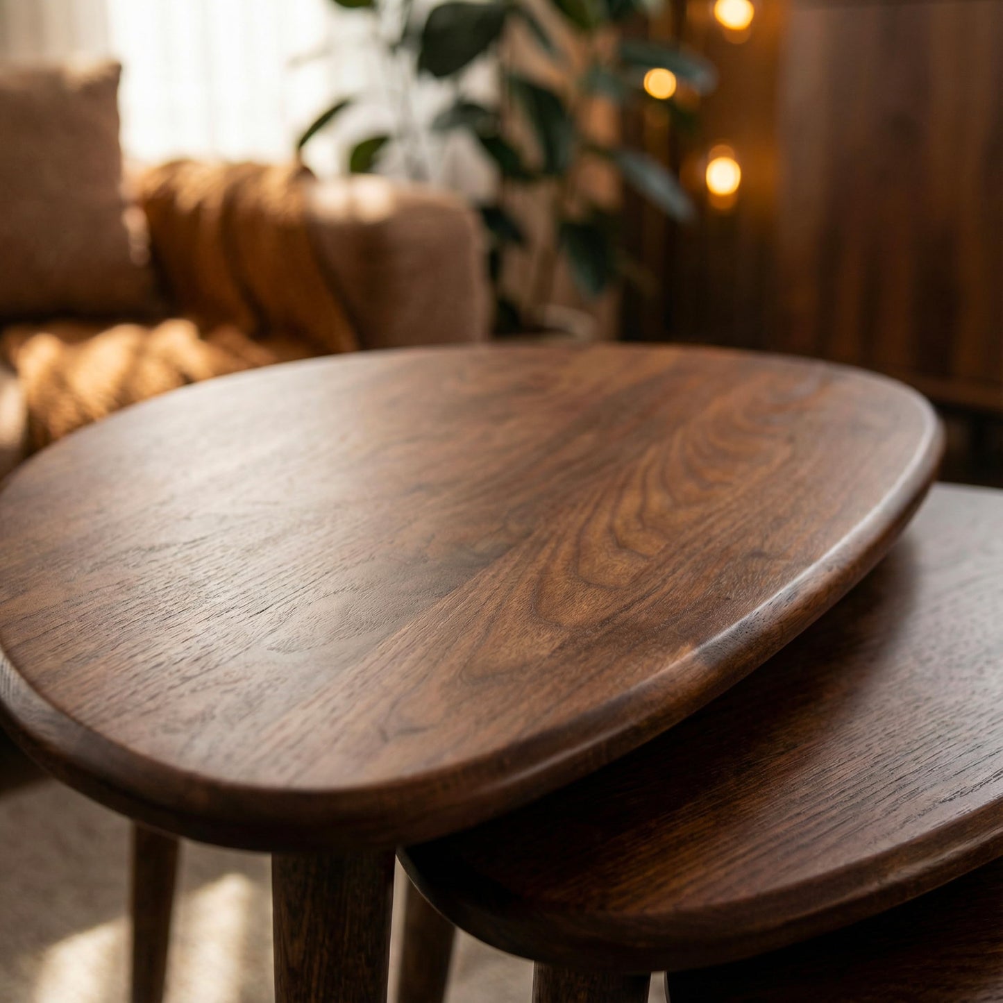 Ultimate Premium Products Solid Nesting Table Set of 3- Oak Mid Century Pebble Tables with Tapered Legs – Wooden Home Furniture in a Retro Style - Oak