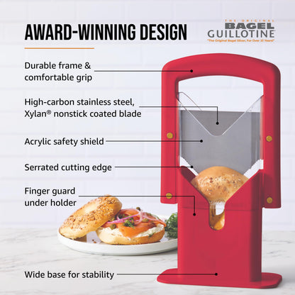 Hoan Bagel Biter Slicer and Cutter with Safety Shield - Serrated Blade Cuts Bagels, Muffins, Buns and Rolls - Dishwasher Safe Bagel Guillotine, 9.25 Inches Tall, Red