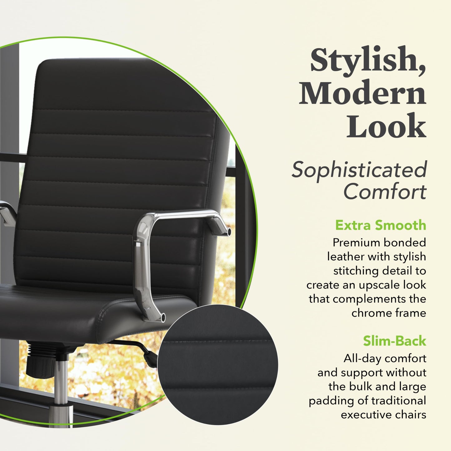 HON Sadie Executive Ergonomic Office Chair with Leather Upholstery, Chrome Arms and Back Support, Mid Back Desk and Computer Chair for Home Office or Conference Room, 360 Swivel, Black